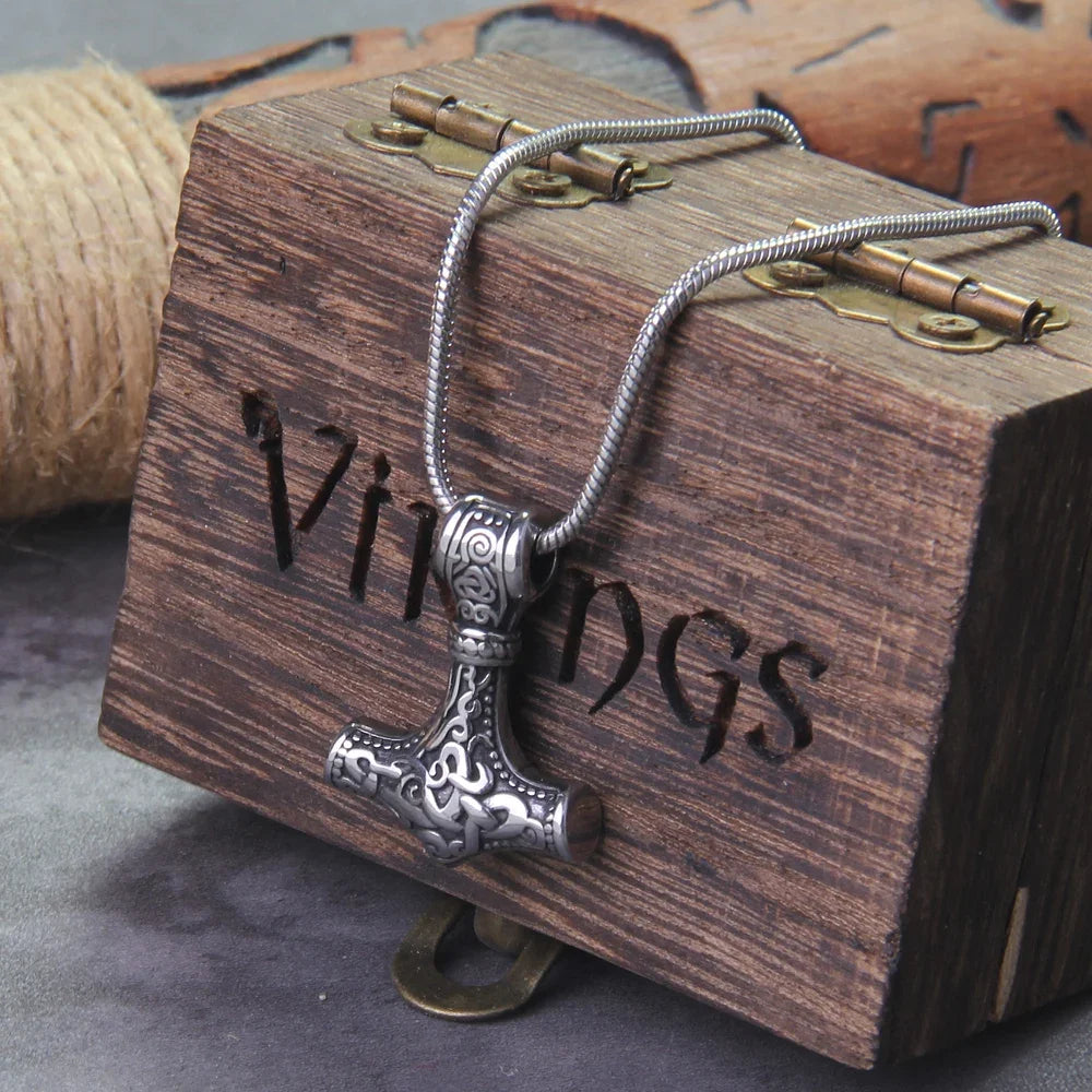 Fashion Valknut Viking Thor's Hammer Pendant Necklace With keel Chain As Men Gift with wooden box