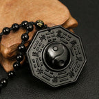 Obsidian Stone Taoism Necklace Black Pendant Chinese Tai Ji Ba Gua Octagon Long Sweater Chain Amulet Mascot Men Taoist