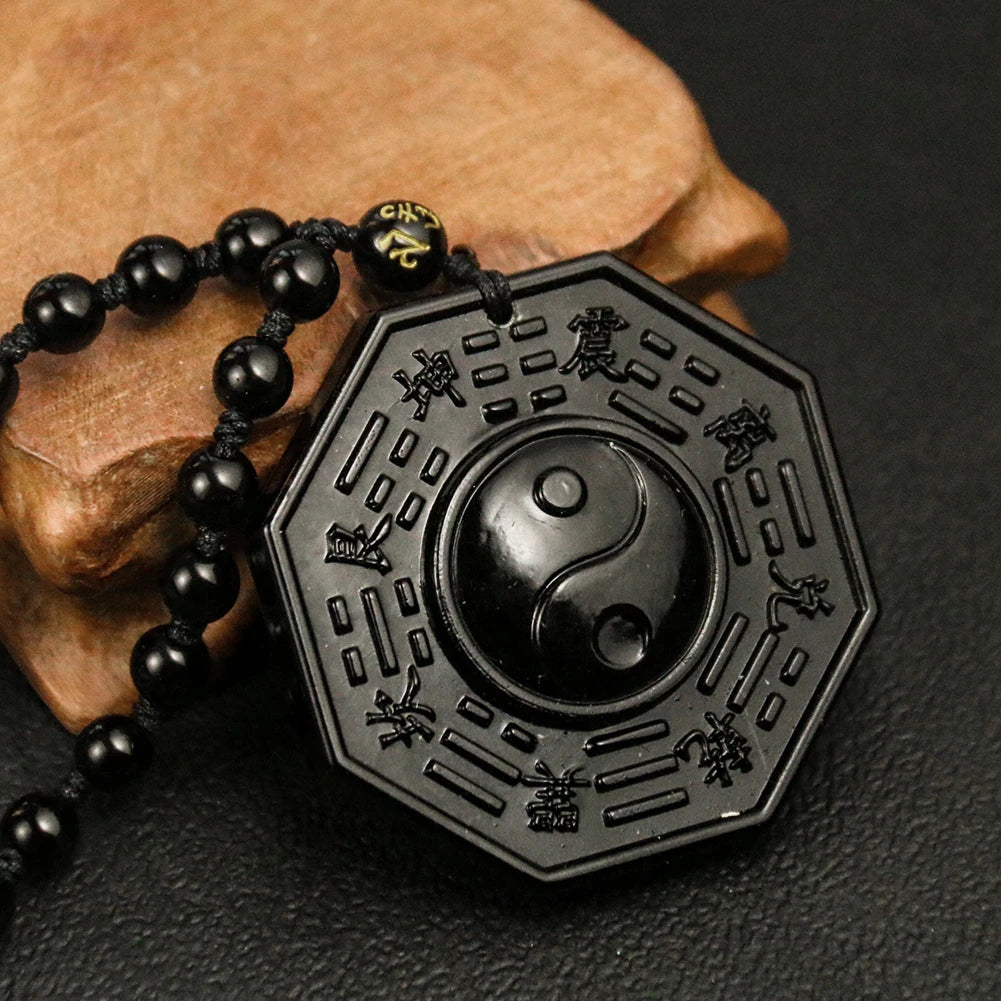 Obsidian Stone Taoism Necklace Black Pendant Chinese Tai Ji Ba Gua Octagon Long Sweater Chain Amulet Mascot Men Taoist