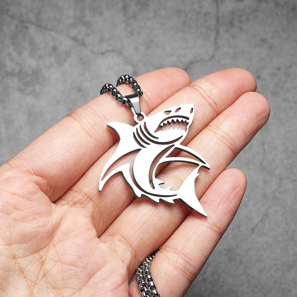 Great White Shark Hollow Men Necklaces Stainless Steel Pendant Sweater Chain Women Punk Fashion Jewelry Accessories