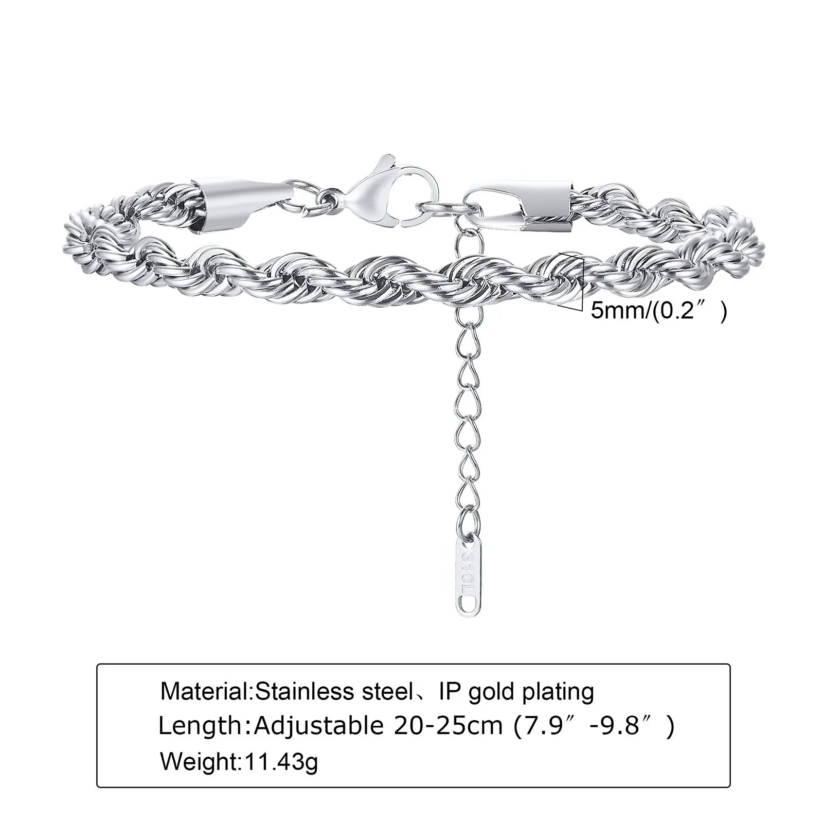 Gold Rope Chain Bracelet 5mm — Stainless Steel