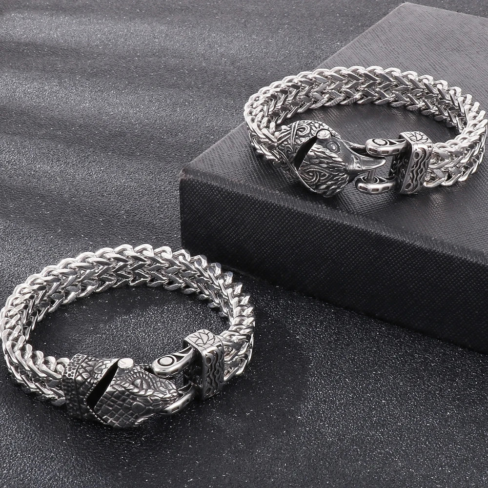 Nordic Viking Jewelry Man Bracelet With Snake Owl Wolf Head Solid Stainless Steel 12MM Mesh Link Chain Men's Bracelets