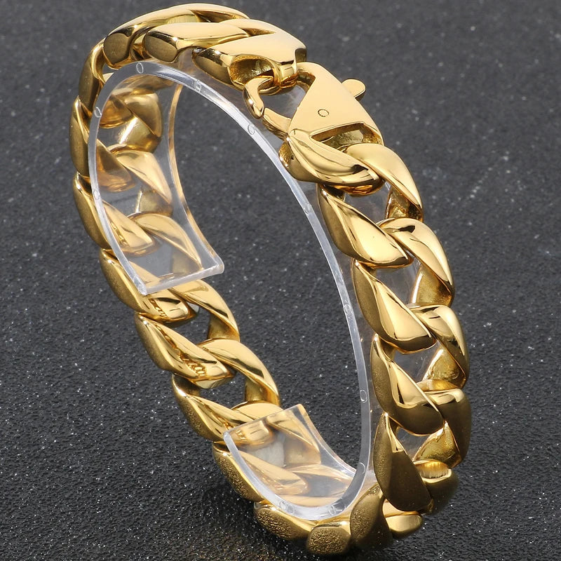 Vintage Black Stainless Steel Bracelet for Man Men's 15MM Wide Curb Link Chain Bracelets Bangles Armband Jewelry