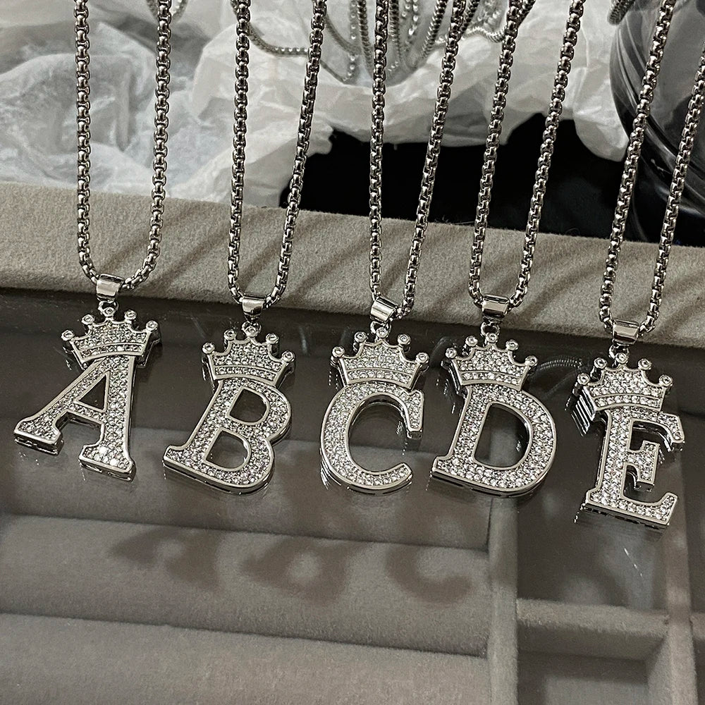 Freetry 26 Letters A-Z Zircon Crown Pendant Necklace for Women Men Punk Initial Alphabet Necklaces Hip Hop Choker Chain