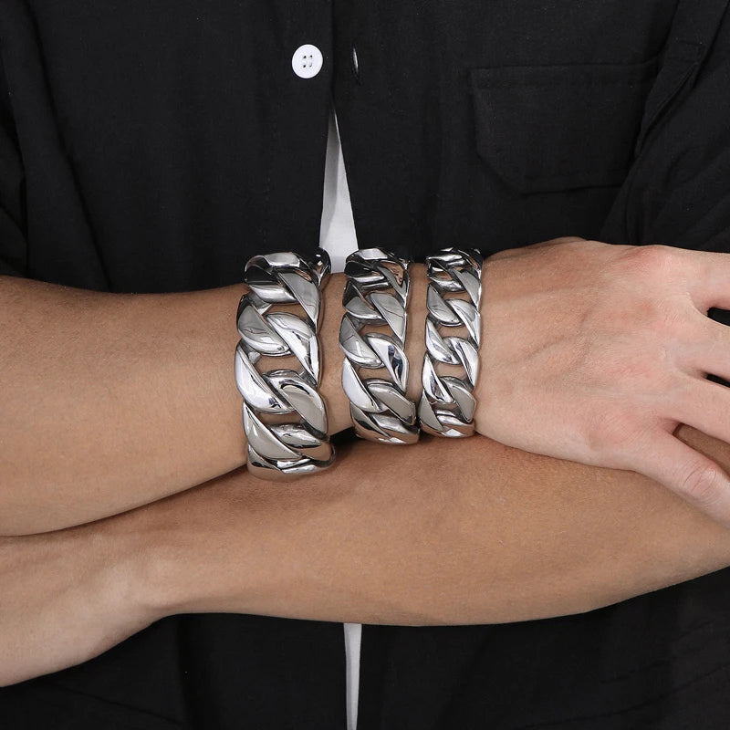 31mm Men's Heavy Bracelets Stainless Steel Cuban Chain Brushed Shiny Chunky Bracelet Bangle For Men Silver Color Jewelry