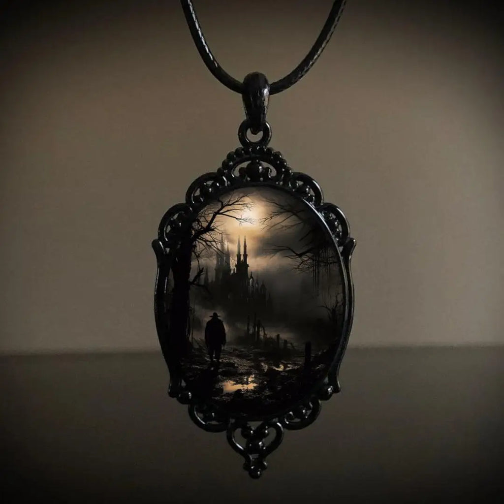 Gothic Crow Black Forest Charm Necklace Fashion Witch Jewelry Gift Pagan Cross Black Cat Skull Glass Pendant Necklace