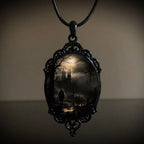 Gothic Crow Black Forest Charm Necklace Fashion Witch Jewelry Gift Pagan Cross Black Cat Skull Glass Pendant Necklace