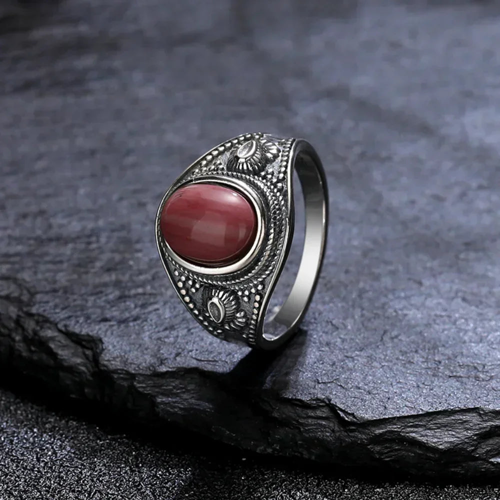 Sterling Silver 925 Vintage Rings Oval 8X10mm Rings Black Onyx Natural Fine Jewelry For Men Women Rhodochrosite Rings
