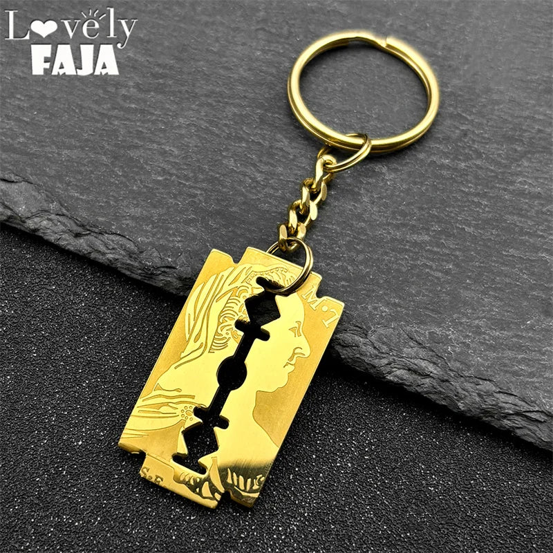 Jesus Gold Pendant Blade Razor Shape Key Keyring