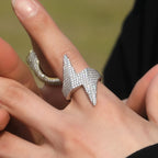 Iced Out Lightning Bolt Ring for Men — Two-Tone CZ Pave