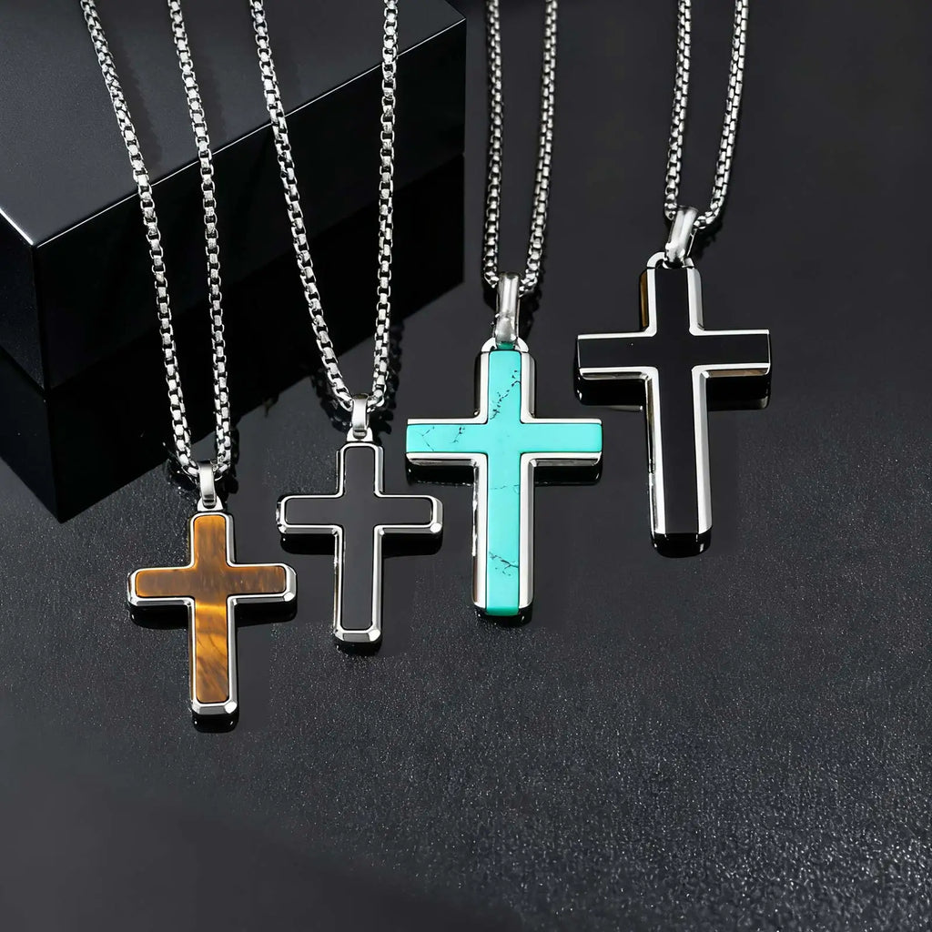 Classic Stainless Steel Cross Pendant Necklace, Turquoise Black Agate Tiger Eye Natural Stone Vintage Fashion Jewelry for Men