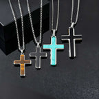 Classic Stainless Steel Cross Pendant Necklace, Turquoise Black Agate Tiger Eye Natural Stone Vintage Fashion Jewelry for Men