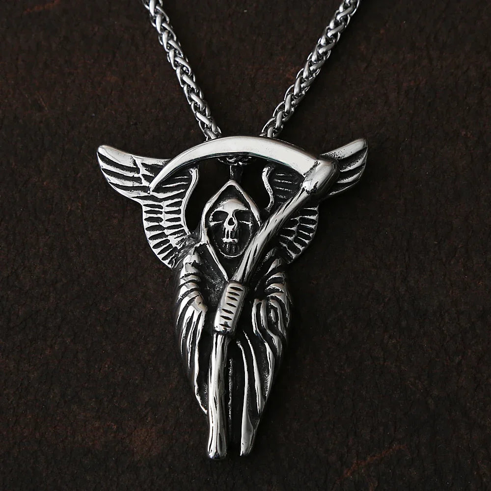 Gothic Grim Reaper Death Scythe Skull Necklace For Men Punk Biker Stainless Steel Chain Necklace Pendant Male Hip Hop