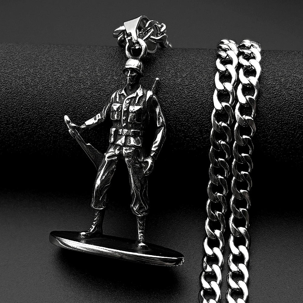 Vintage Military Army Standing Soldier Pendant Necklace for Women Men 316L Stainless Steel Punk Chain Silver Color