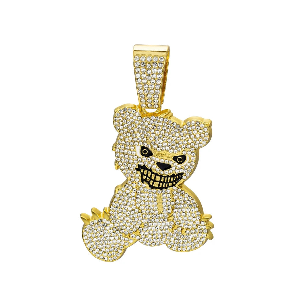Men Women Hip Hop Bear Shape Pendant Necklace with 13mm Crystal Cuban Chain Iced Out Bling Bling Necklaces HipHop Punk