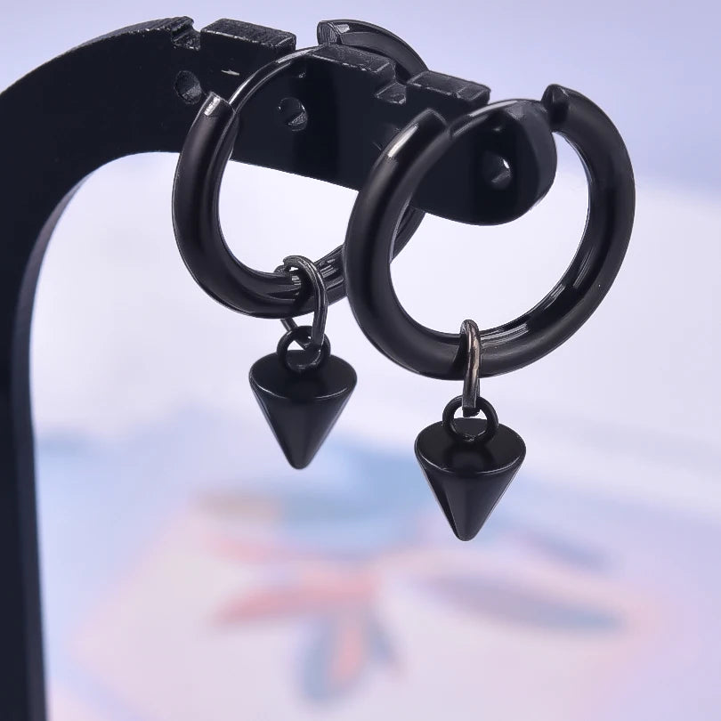 Spike Cone Drop Huggie Hoop Earrings for Men — Stainless Steel