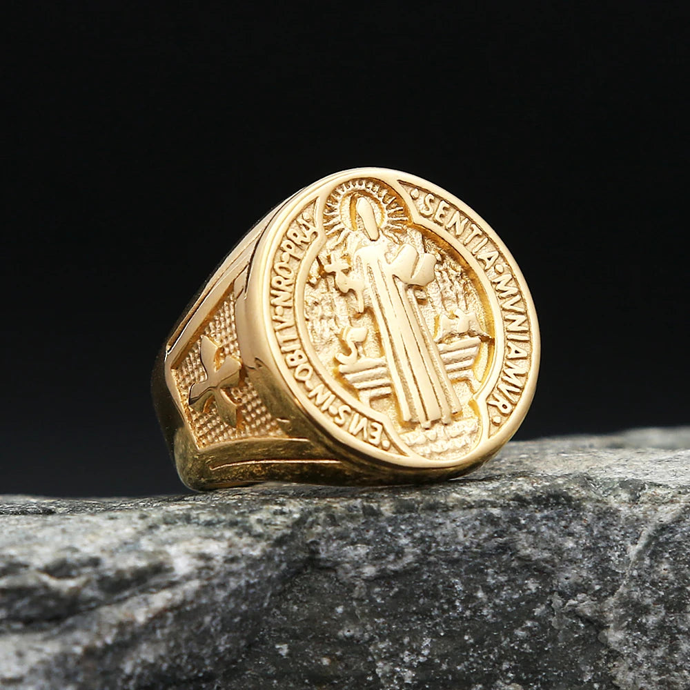 Cross Saint Benedict Steel Ring Vintage 316L Religious