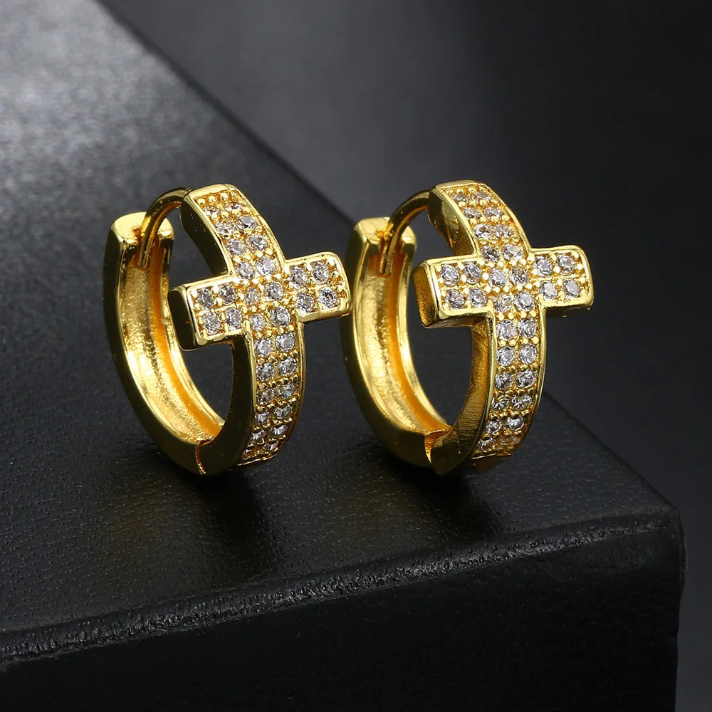 Cross Iced Out Earrings Stainless Steel CZ