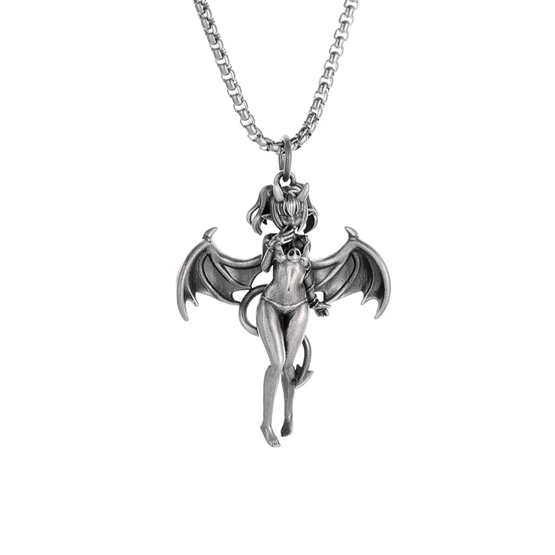 Vintage Punk Mythology Style Metal Sexy Angel Goddess Pendant Necklace for Men Women Classic Mysterious Souvenir Jewelry