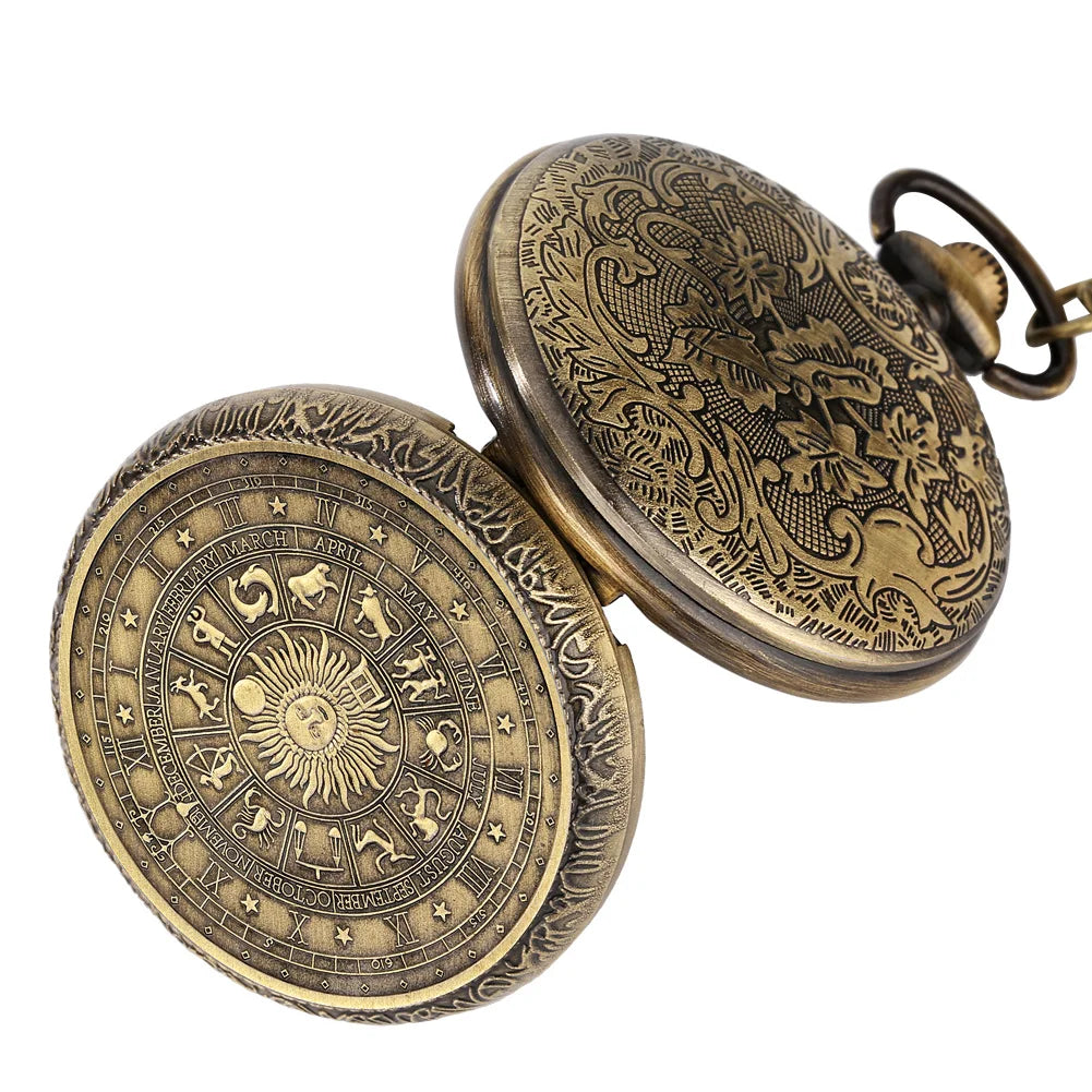 Vintage Pocket Watch Bronze Quartz Zodiac Signs Watches with Chain The SUN Male's Kid Retro Clock Exquisite Fashion