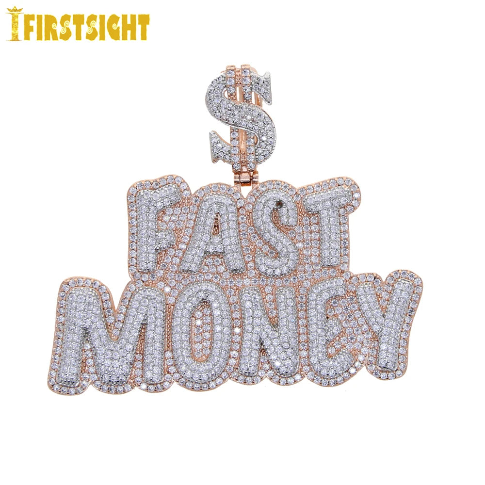 New Hip Hop Money Pendant Necklace Gold Color Iced Out Bling CZ Cubic Zirconia Letters Rich Dollar Charm Men Women