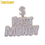 New Hip Hop Money Pendant Necklace Gold Color Iced Out Bling CZ Cubic Zirconia Letters Rich Dollar Charm Men Women