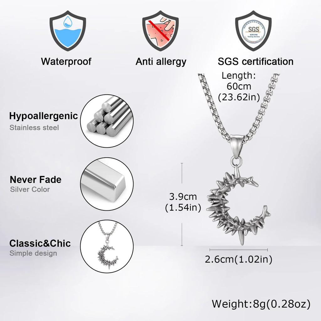 Gothic Thorn Moon Necklace for Men Boys,Vintage Stainless Steel C Shape Pendant Necklace,Birthday Party Jewelry Gift