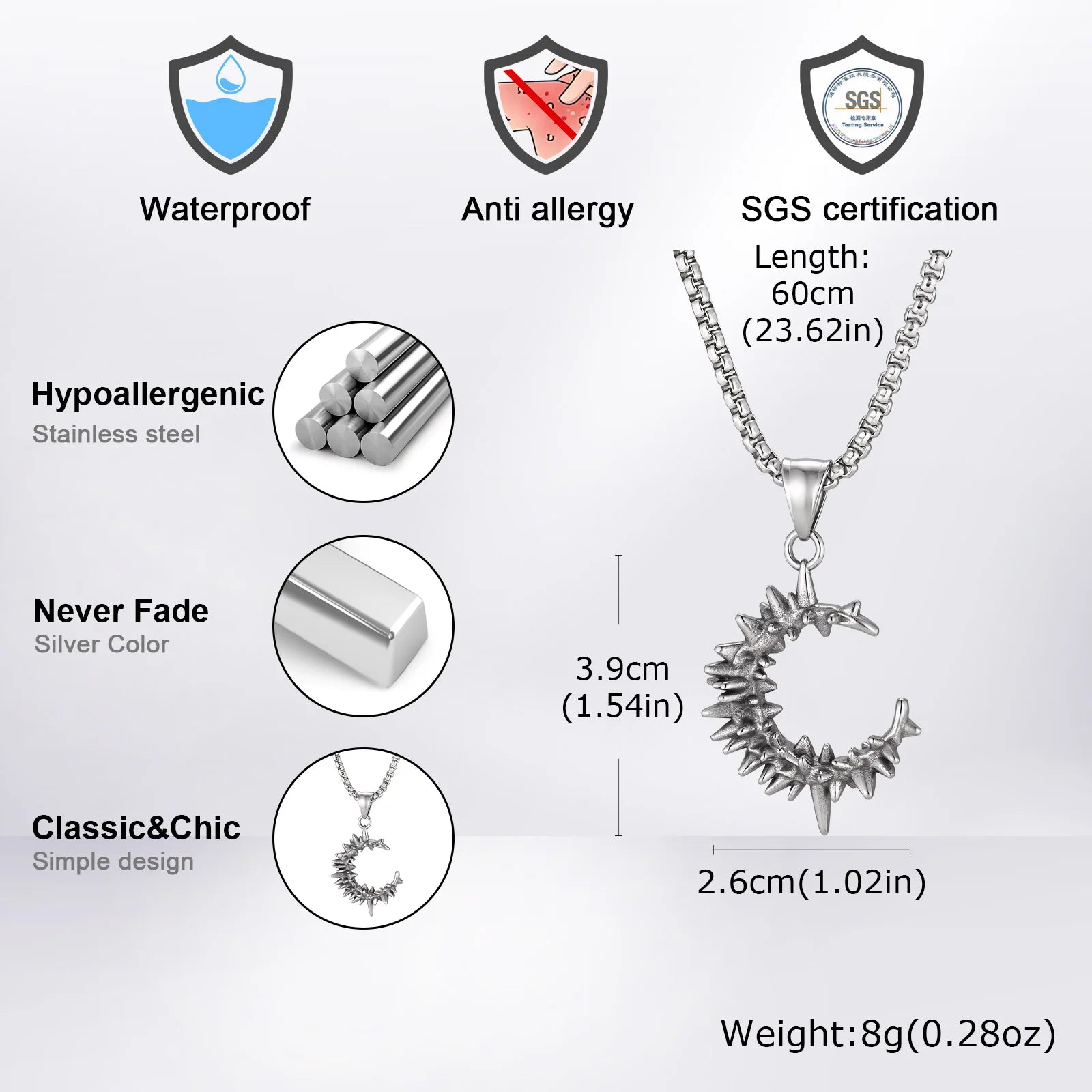 Gothic Thorn Moon Necklace for Men Boys,Vintage Stainless Steel C Shape Pendant Necklace,Birthday Party Jewelry Gift