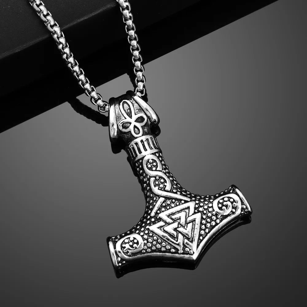 Vintage Viking Animation Style Pendant Necklace Titanium Steel Nordic Thor Hammer Triangle Knot Pendant Men's Necklace