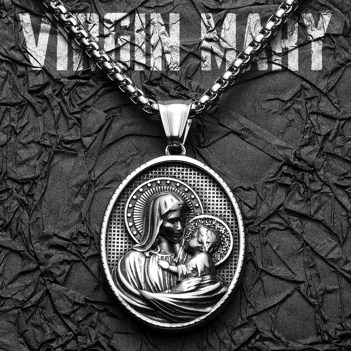 Virgin Mary Pendant Necklace Stainless Steel Vintage