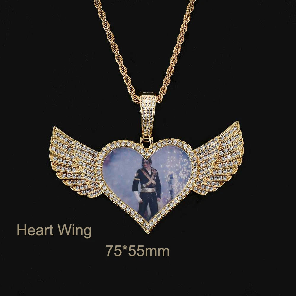 Angel Wings Photo Pendant Necklace Iced Out