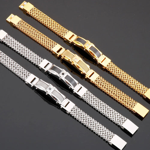 Classical Men Bracelet 12MM Width Black Gold Color Stainless Steel Men's Chain Bracelets With CZ Magnet Clasp 3 Size
