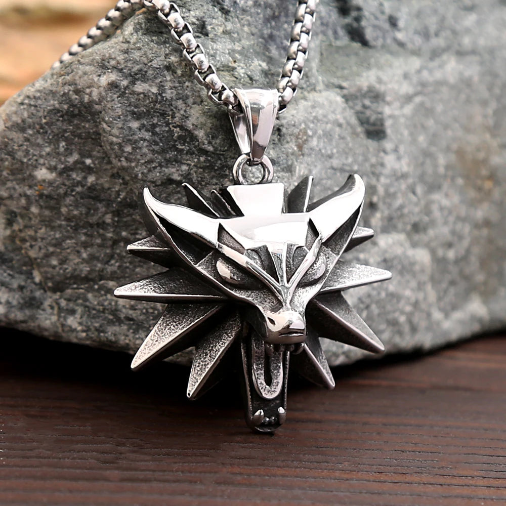 Fashion Vintage Viking Wolf Head Pendant Necklace Mens Punk Biker Stainless Steel Geralt of Rivia Slavic Necklaces