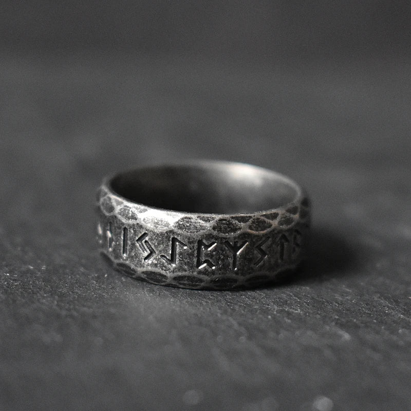 Ancient Rune Black Metal Ring 8mm Wide Stainless Steel Viking Ring with Old Norse Inscriptions Gothic Gift for Him & Her