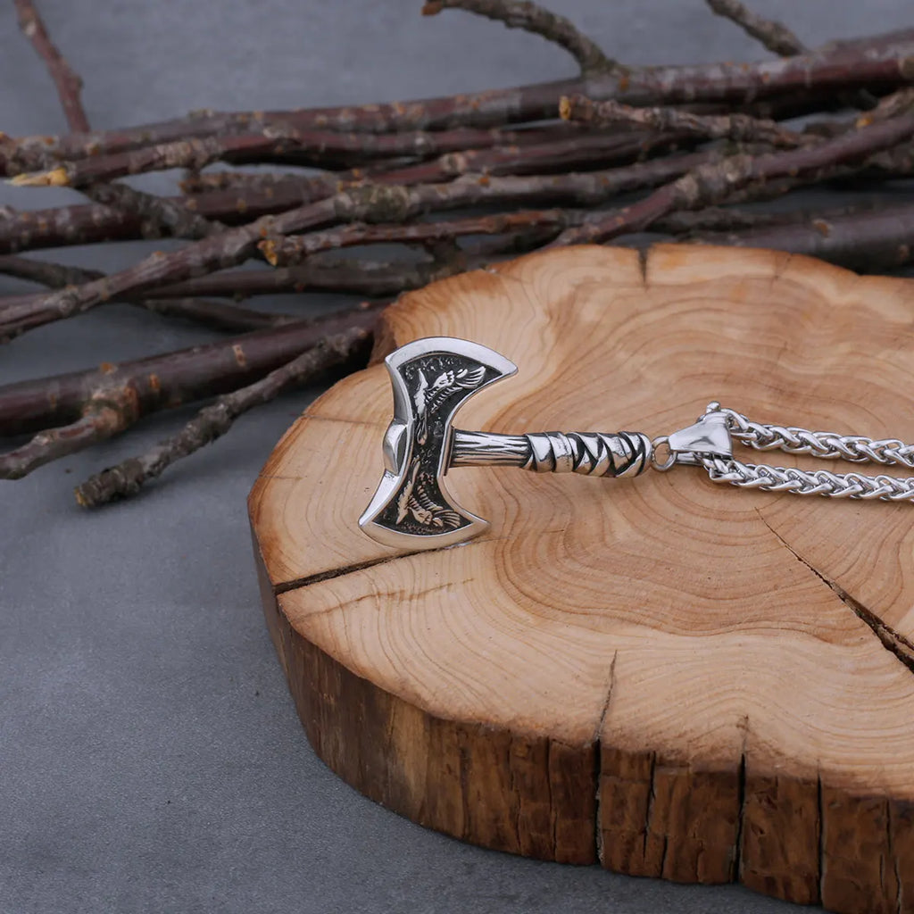Stainless Steel Viking Warrior Odin Axe and Raven Necklace Men Fashion Hip Hop Amulet Pendant Viking Jewelry Boyfriend