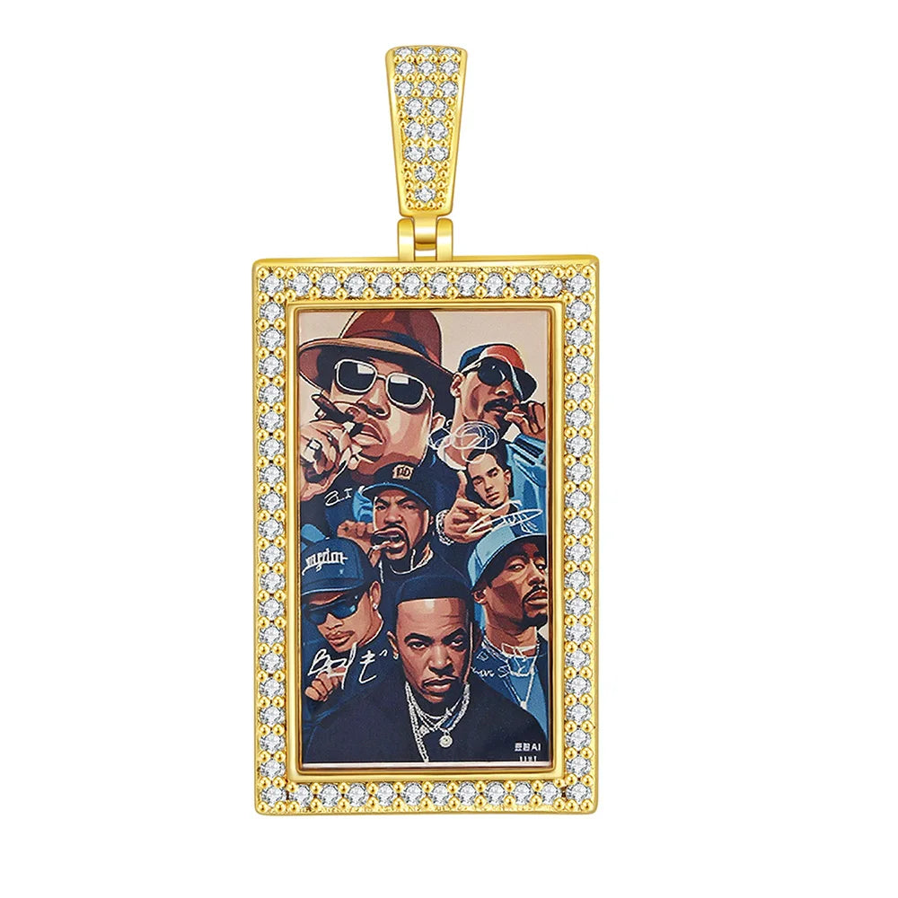 Iced Out Rectangle Photo Pendant Necklace