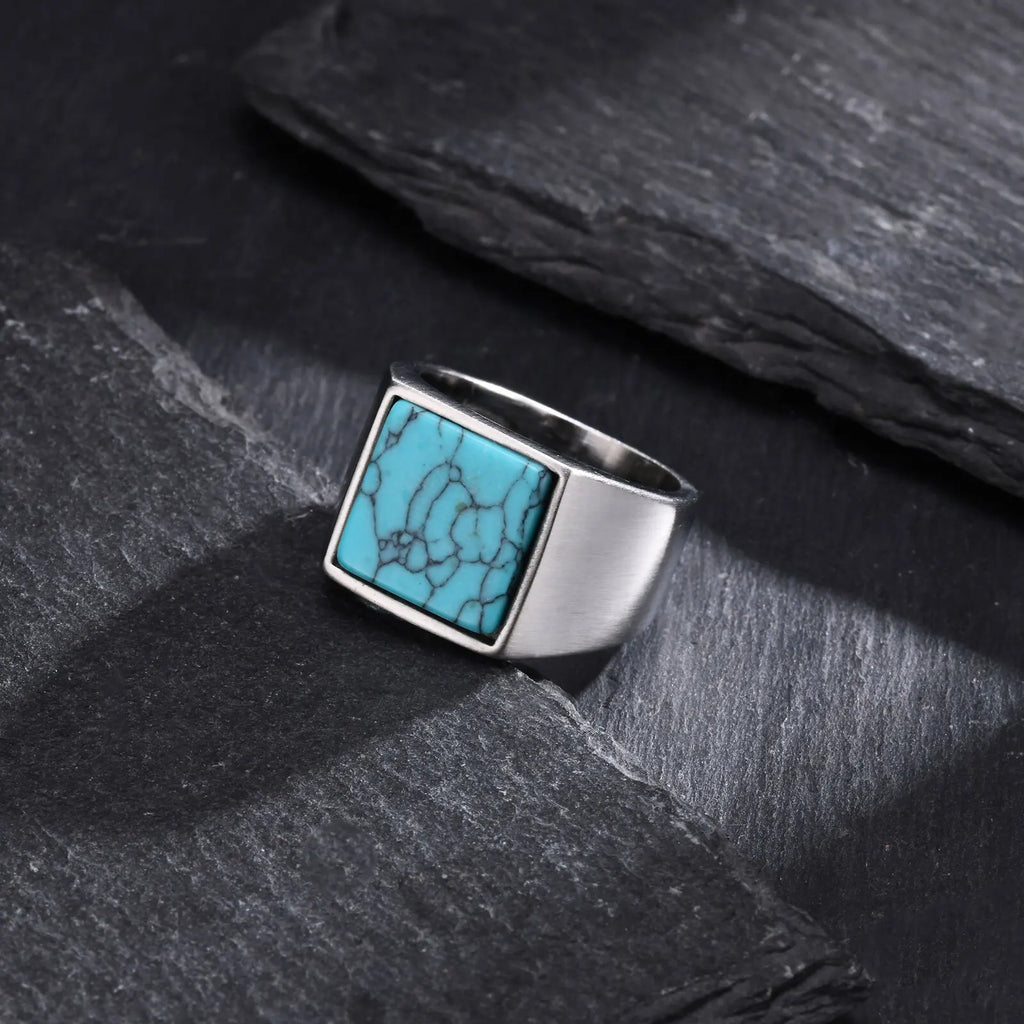 Gold Green Stone Signet Ring — Stainless Steel