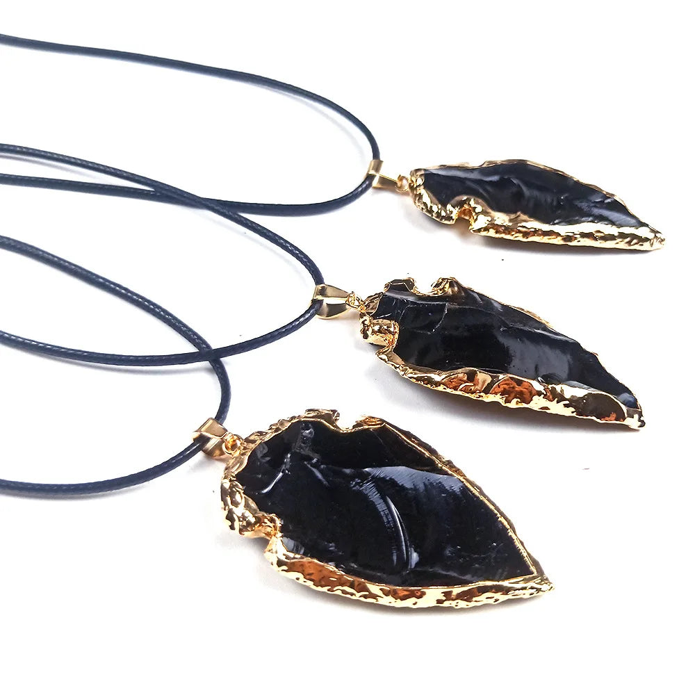 Natural Black Obsidian Arrow Shaped Crystals Pendant Golden Edge Plated Raw Healing Crystal Irregular Arrow Head Amulet
