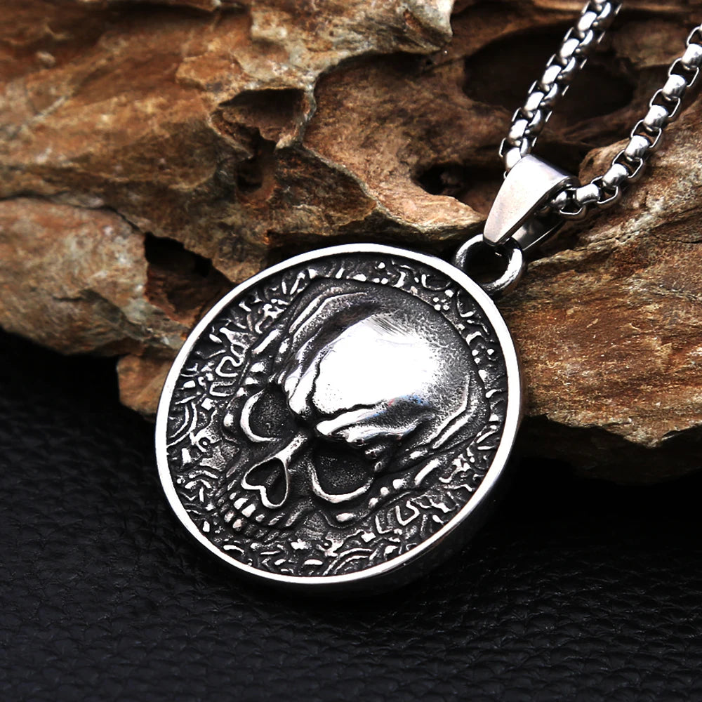 Double-Sided Skull Coin Pendant Necklace — Stainless