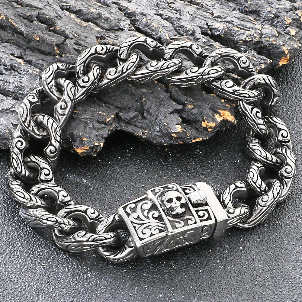 Punk Skeleton Jewelry Vintage Cuban Link Chain Bracelet for Man With Skull Head Clasp 316L Stainless Steel Bracelets