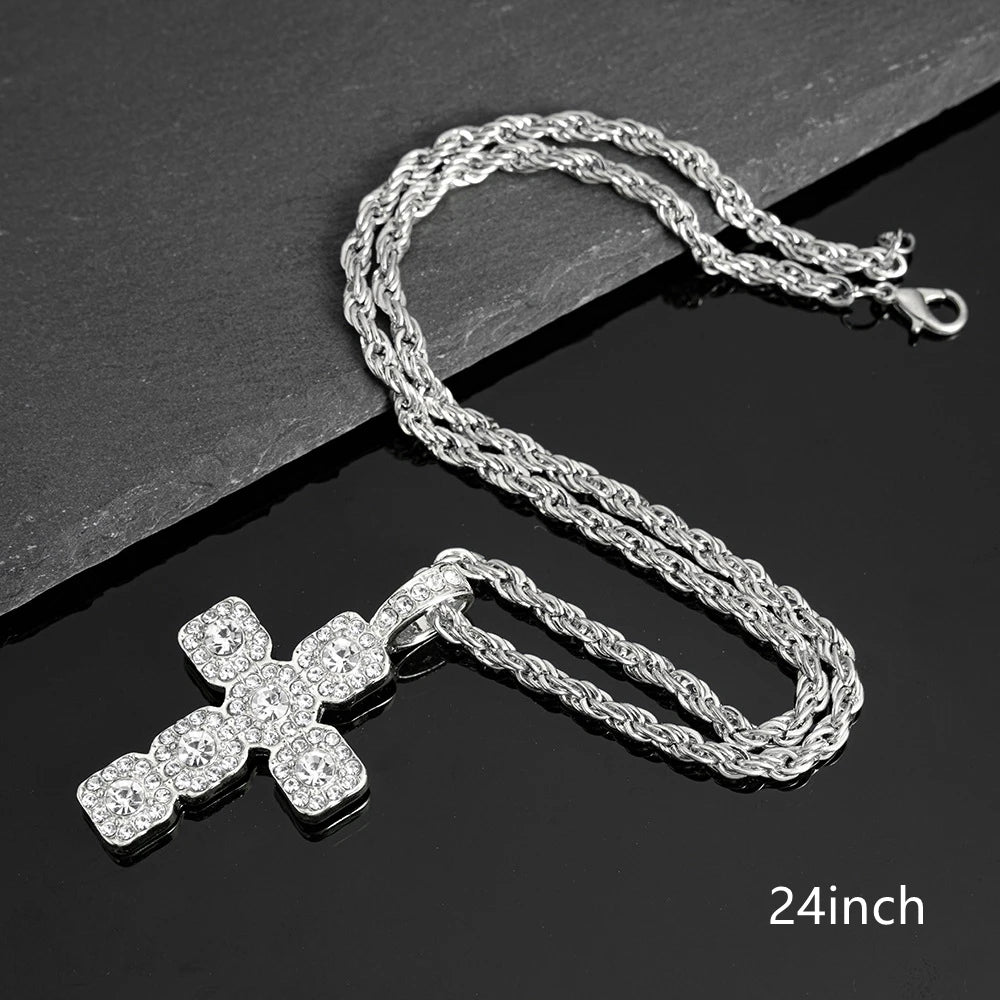 Iced Out Cross Pendant Necklace — 4mm Tennis Chain, Two-Tone