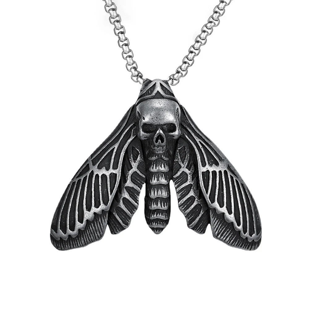 New Unique Vintage Stainless Steel Butterfly Moth Pendant Necklace For Men Punk Death Head Skull Necklaces Amulet