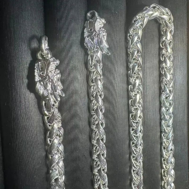 Double Dragon Head Silver Pendant Necklace