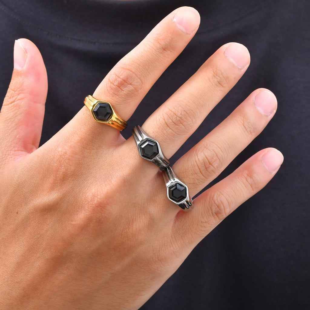 Stylish Black Stone Signet Ring for Men,Stainless Steel Geometric Zircon Band,New Punk Statement Jewelry Gift