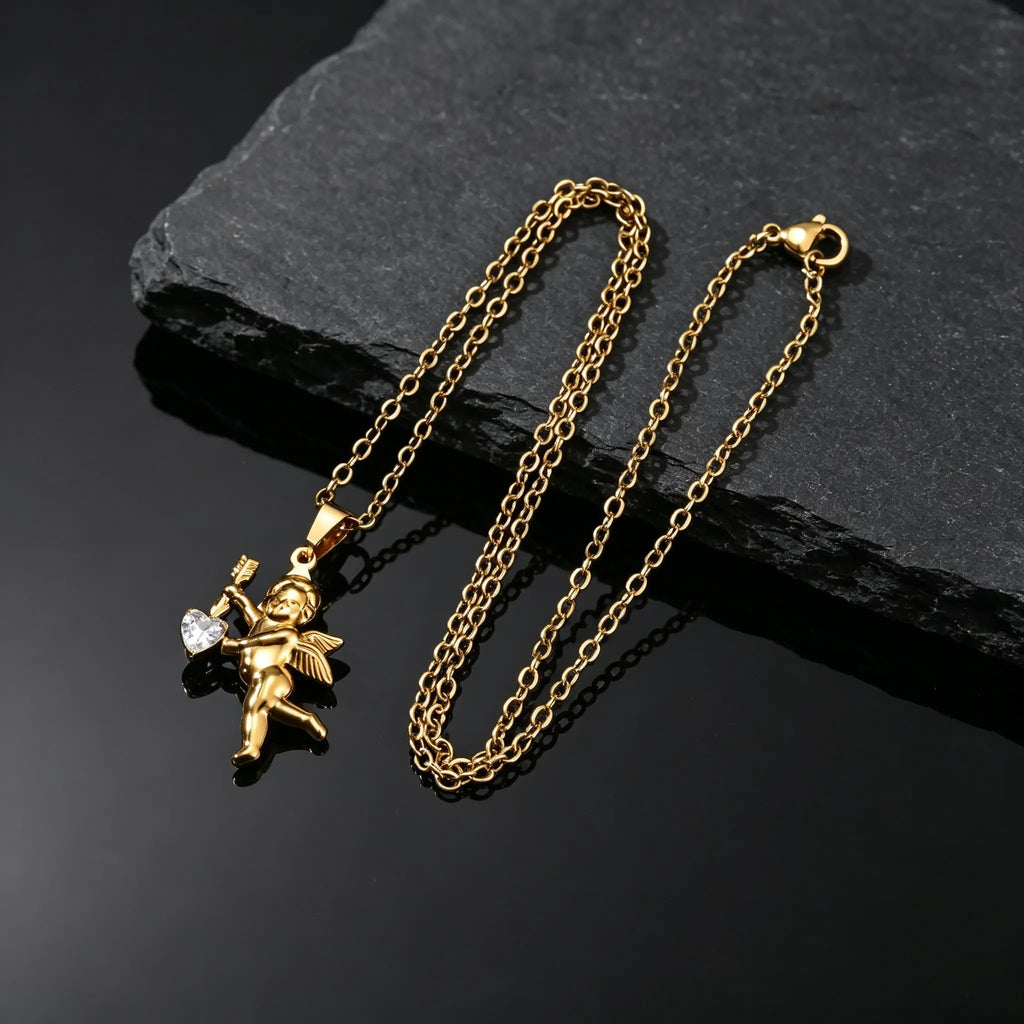 Gold Color Stainless Steel Cupid Pendant Necklace,Love CZ Bow Arrow Cupid Pendant Necklace,Pray for Beautiful Love Jewelry