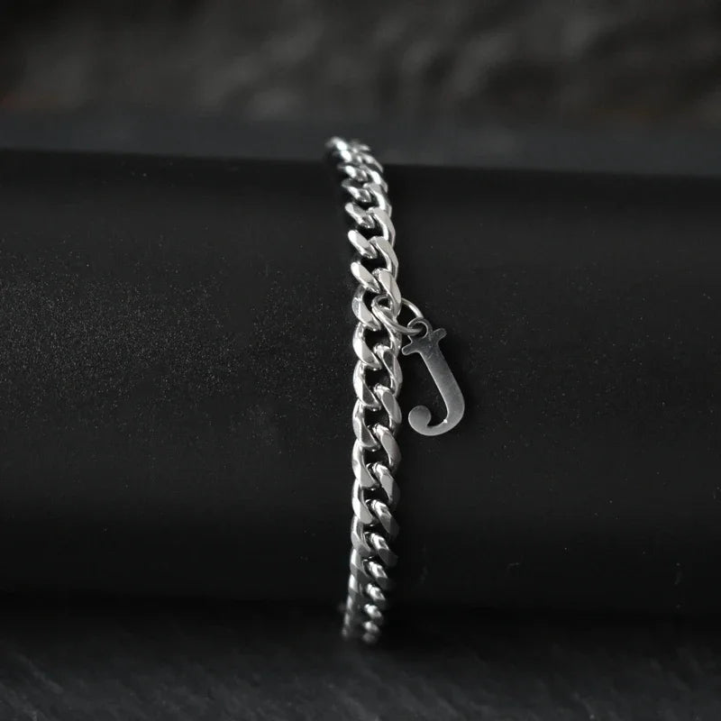 A-Z Initial Letter Cuban Chain Bracelet — Stainless Steel