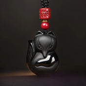 Natural Obsidian Fox Cinnabar Pendant Necklace — Black-Tone