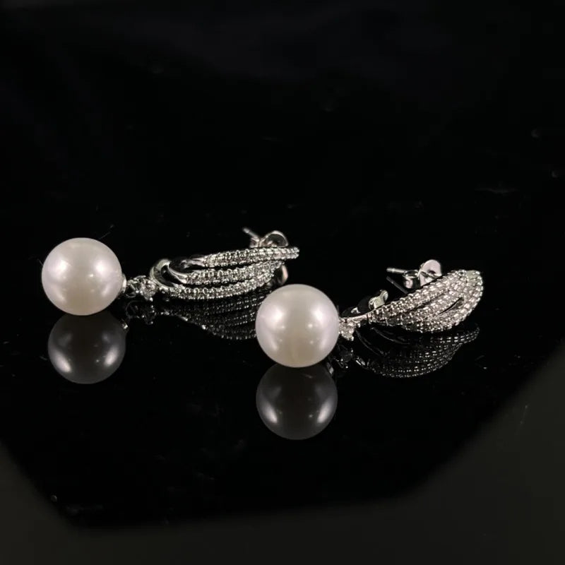 Three-Line Pearl Stud Earrings — Stainless
