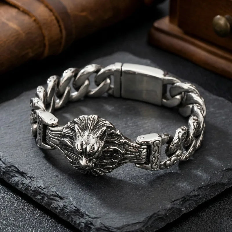Massive Vintage Skull Wolf Head Cuff Man Bracelet for Men Gothic Punk Stainless Steel Bangle Heavy Metal Jewelry