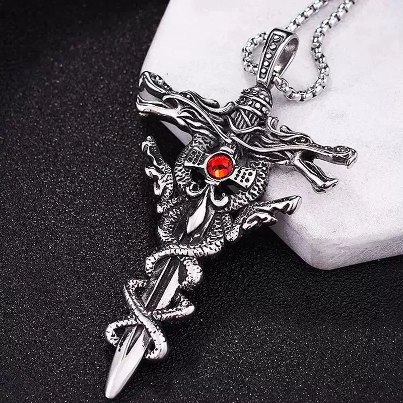 Punk Fashion Titanium Steel Necklace for Men Alloy Double Dragon Sword Pendant Choker Ring Vintage Evil Eye Cross